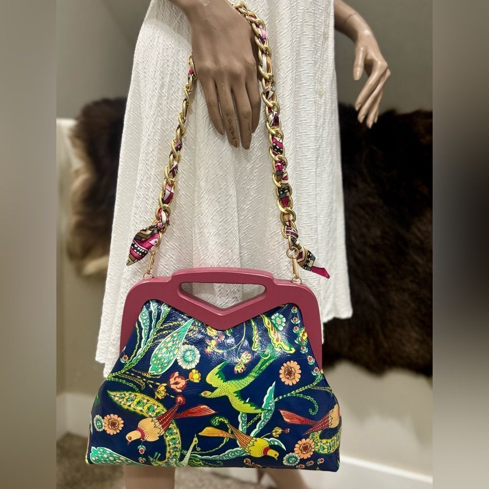 Genuine Leather Floral Print Handmade Large Wooden Frame Bag/ Crossbody